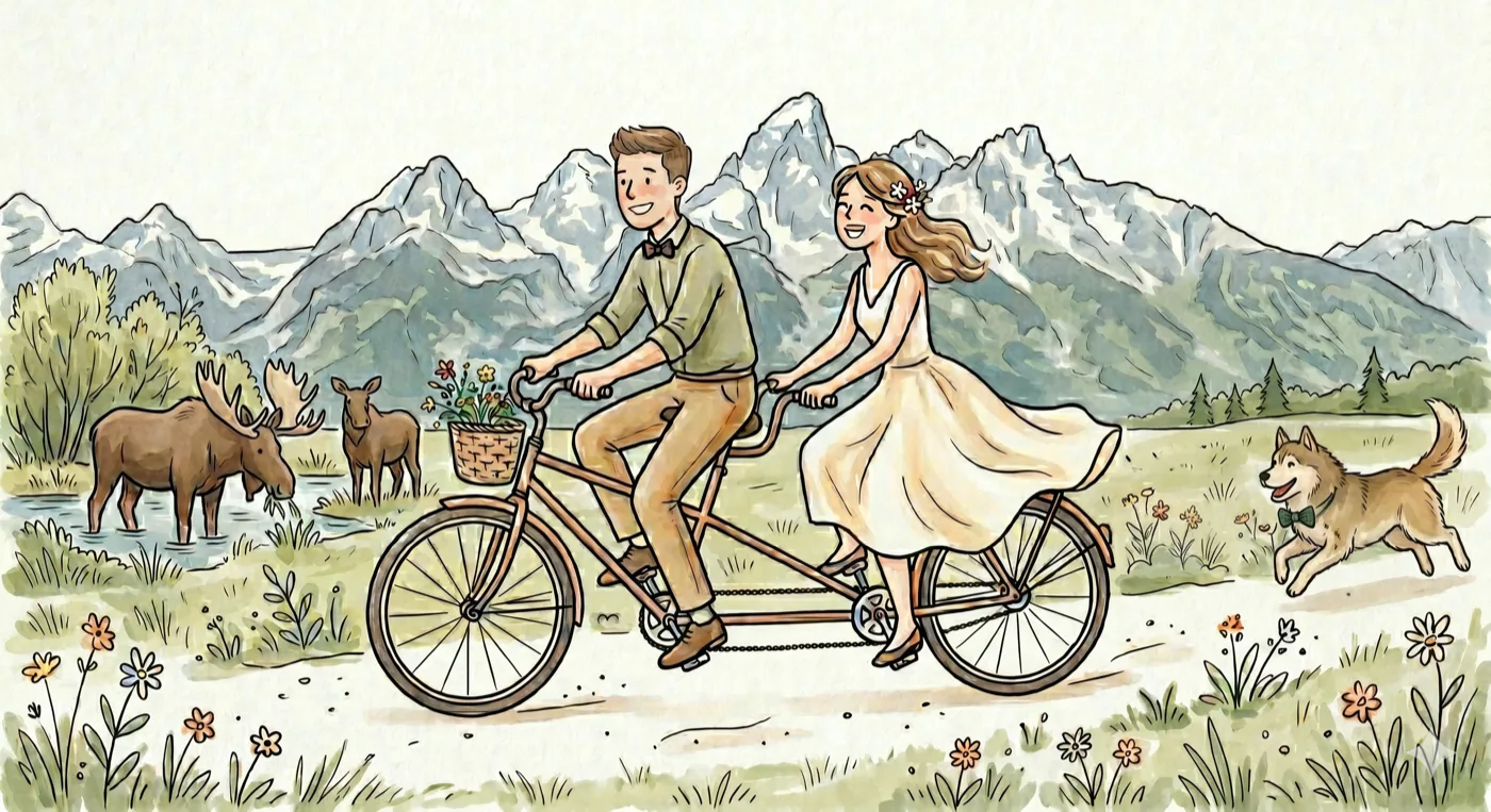 Maria and Morgan riding a tandem bike below the Tetons